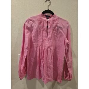 CHAPS Pink 100% Linen Boho Peasant Shirt Side Slits Sz S Quiet Luxury